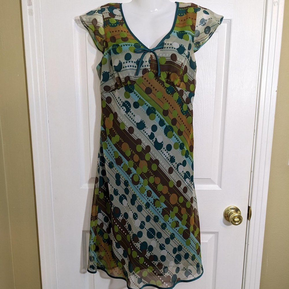 Sangria Green Brown Circle Pattern V Neck Cap Sleeve Midi Dress - size 8P